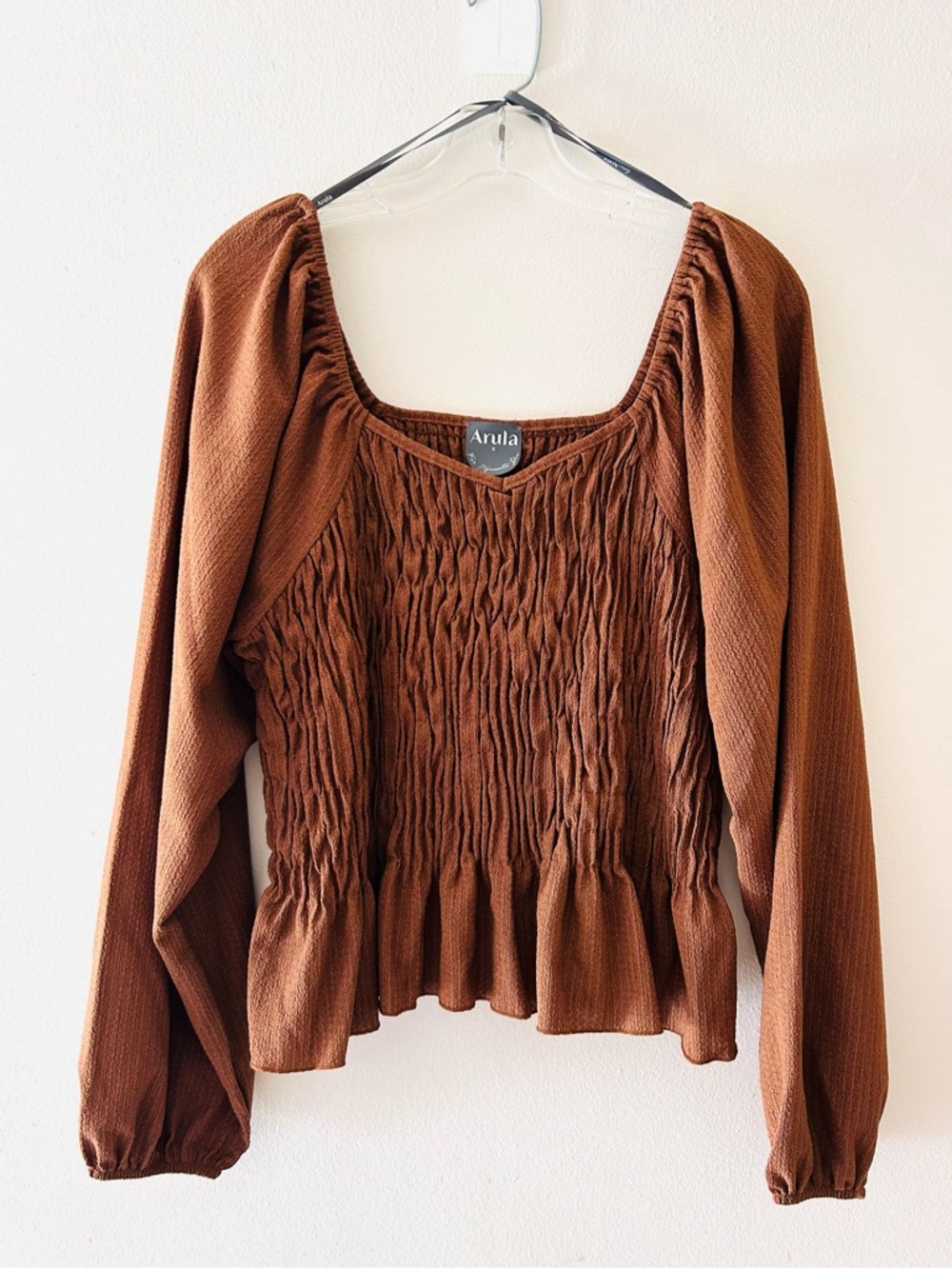 ARULA Chestnut Smocked Peplum Long Sleeve Top X (XL = 10/12)